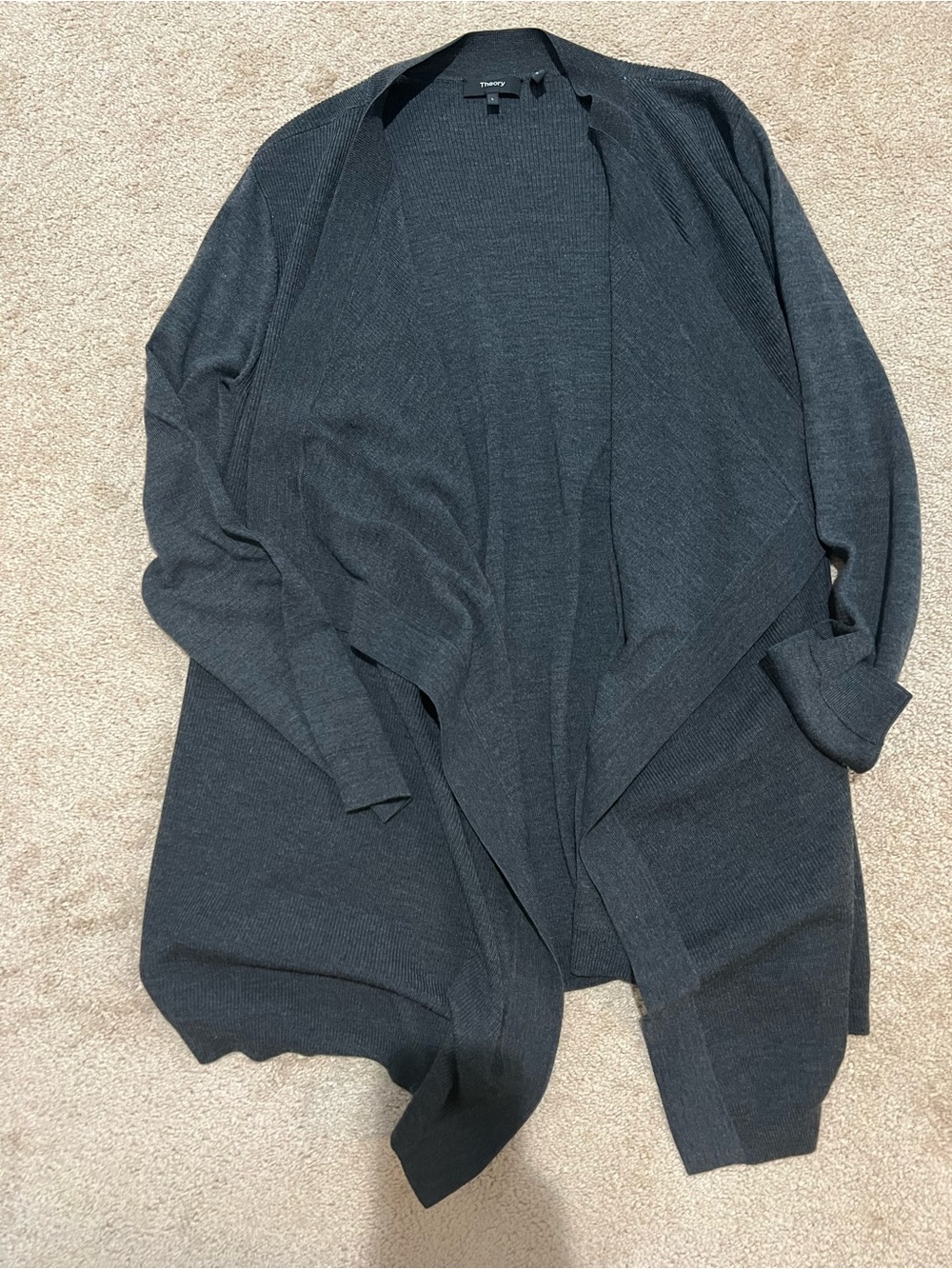 Theory Open-Front Charcoal Gray Cardigan Sweater 100% Wool (small hole)